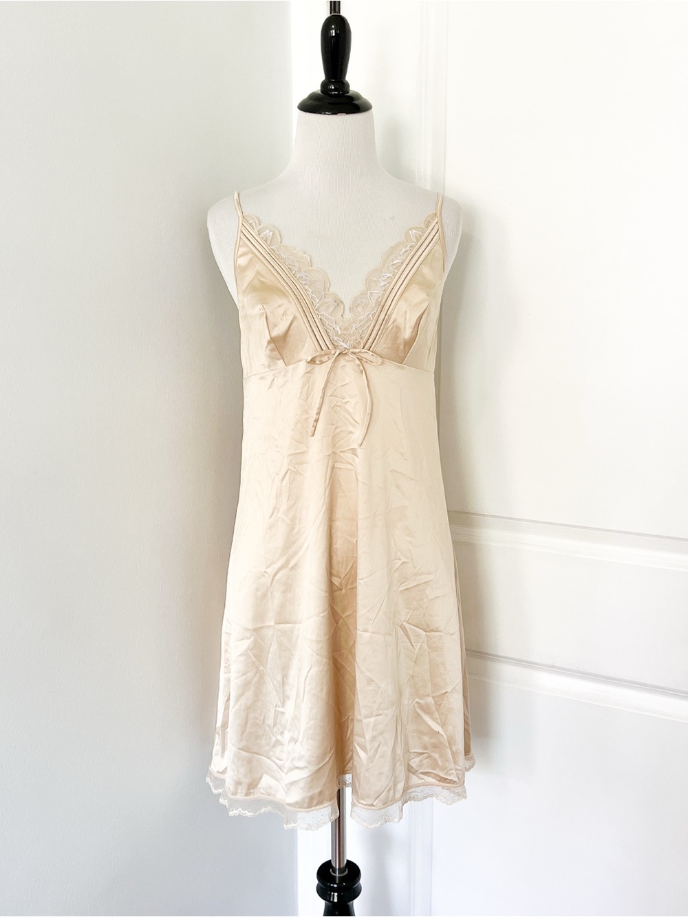 Satin Lace-Trim Slip Nightgown in Champagne - Medium